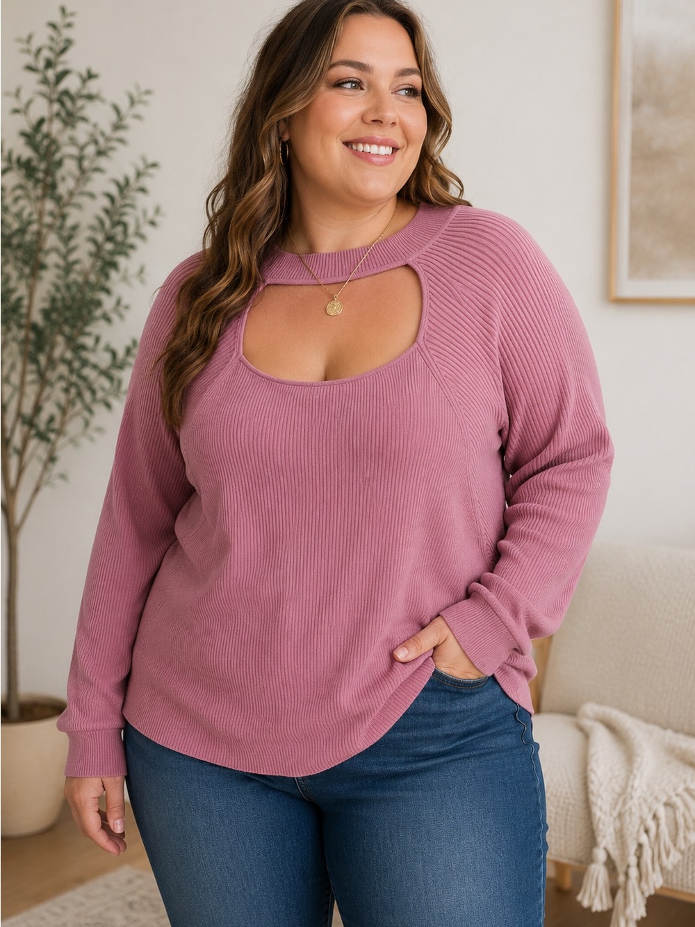Ashley Stewart Women’s Long Sleeve Pink Open Chest Sweater Size 18/20